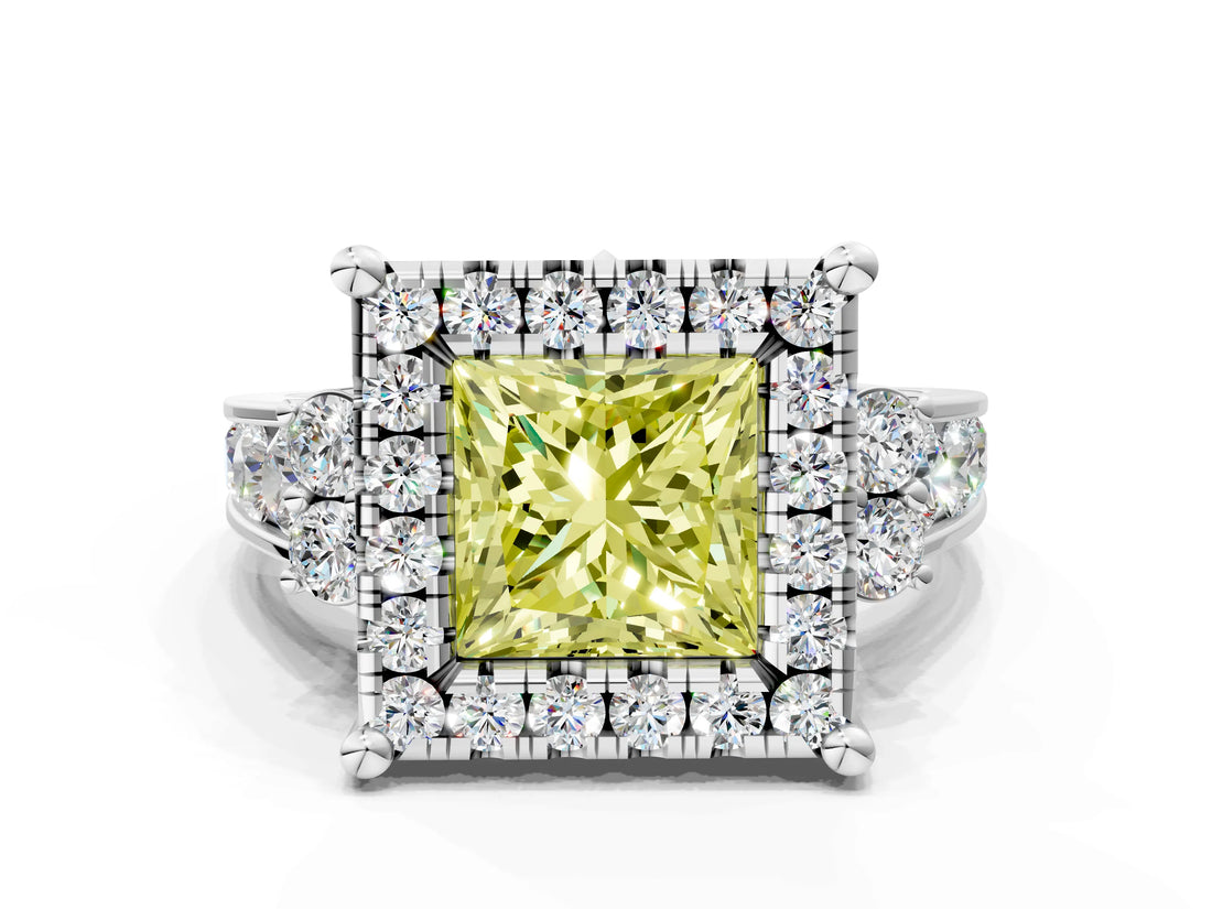 White gold Fancy Yellow Princess  Halo Diamond Engagement Ring with Split Shank and Four-Prong Setting_34