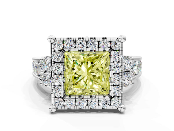 Platinum Fancy Yellow Princess  Halo Diamond Engagement Ring with Split Shank and Four-Prong Setting
