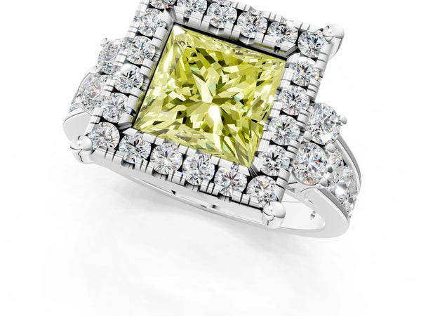 Platinum Fancy Yellow Princess  Halo Diamond Engagement Ring with Split Shank and Four-Prong Setting
