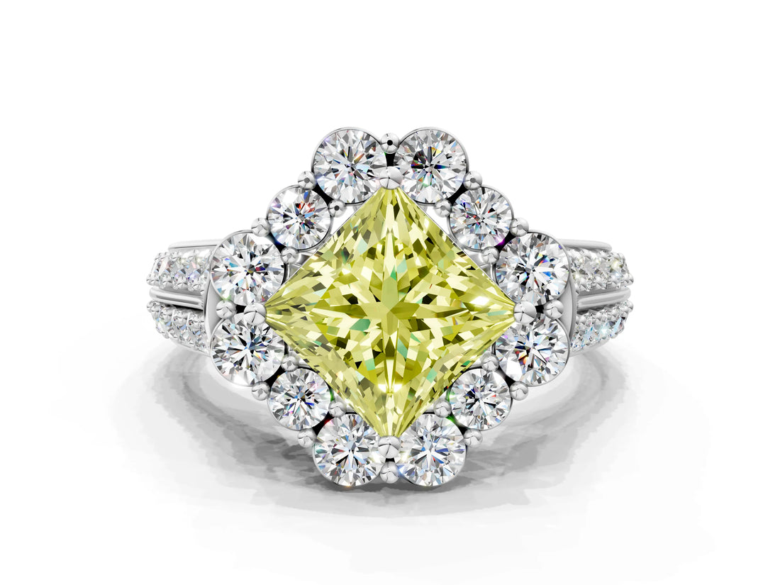 White gold Fancy Yellow Princess  Halo Diamond Engagement Ring with Split Shank and Prong Setting_29