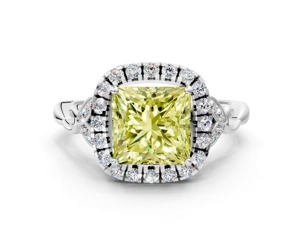 Platinum Fancy Yellow Princess  Halo Diamond Engagement Ring with Vintage-Inspired Band and Four-Prong Setting