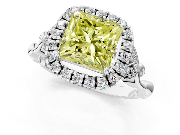 Platinum Fancy Yellow Princess  Halo Diamond Engagement Ring with Vintage-Inspired Band and Four-Prong Setting