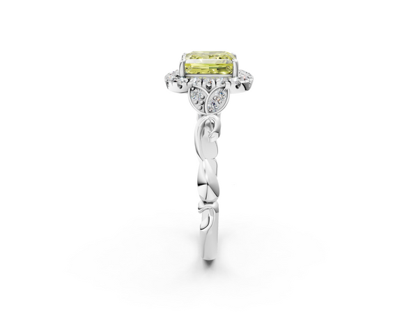 Platinum Fancy Yellow Princess  Halo Diamond Engagement Ring with Vintage-Inspired Band and Four-Prong Setting