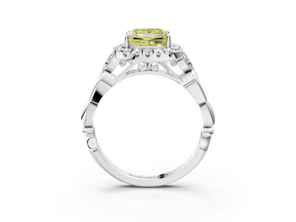 Platinum Fancy Yellow Princess  Halo Diamond Engagement Ring with Vintage-Inspired Band and Four-Prong Setting