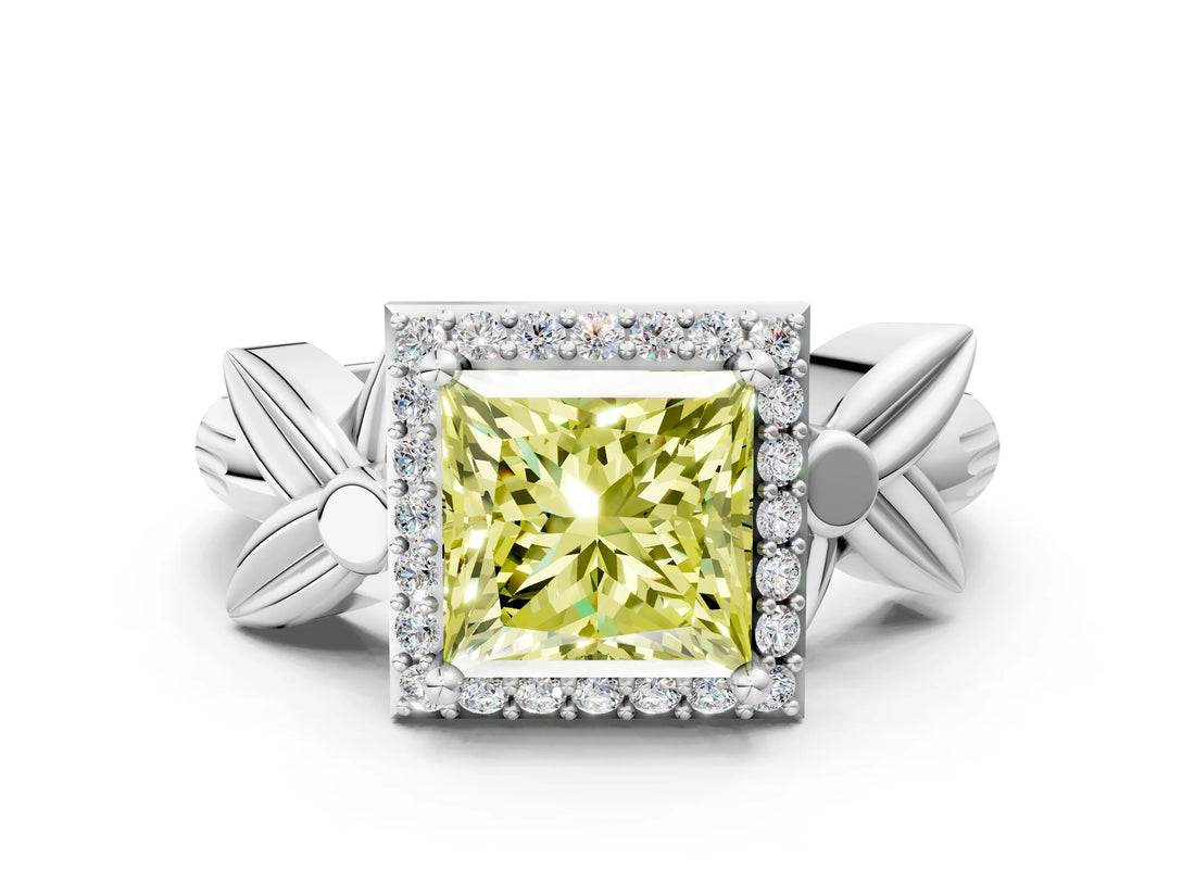 White gold Fancy Yellow Princess  Halo Diamond Floral Band with Four-Prong Setting_35