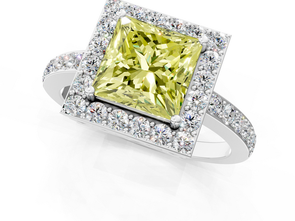 Platinum Fancy Yellow Princess  Halo Diamond Pavé Band Ring with Prong Setting