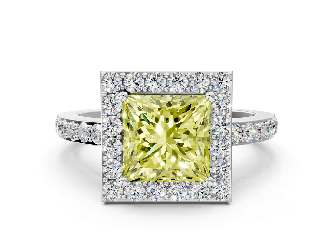 White gold Fancy Yellow Princess  Halo Diamond Pavé Band Ring with Prong Setting