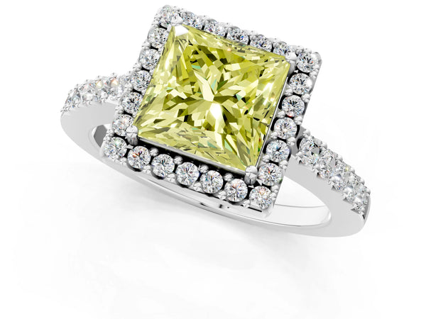 Platinum Fancy Yellow Princess  Halo Diamond Pavé Solitaire Ring