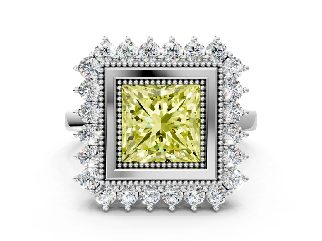 White gold Fancy Yellow Princess  Halo Diamond Ring with Milgrain Edge and Round Prong Setting_35