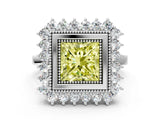 White gold Fancy Yellow Princess  Halo Diamond Ring with Milgrain Edge and Round Prong Setting_35