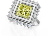 White gold Fancy Yellow Princess  Halo Diamond Ring with Milgrain Edge and Round Prong Setting_36