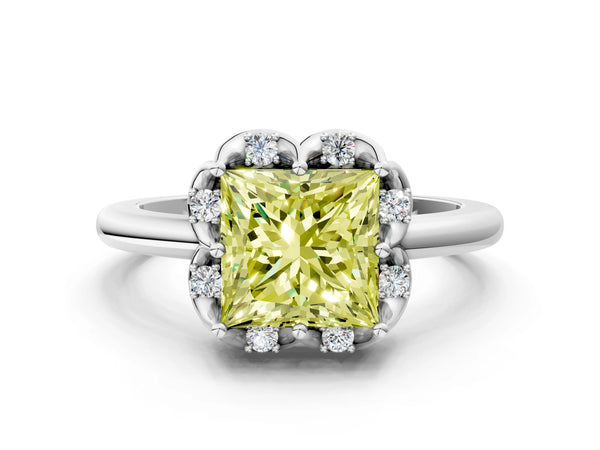 Platinum Fancy Yellow Princess  Halo Diamond Ring with Round Cluster Setting, Solitaire Band, and Four-Prong Setting