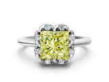 White gold Fancy Yellow Princess  Halo Diamond Ring with Round Cluster Setting, Solitaire Band, and Four-Prong Setting_29