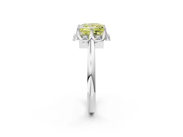 Platinum Fancy Yellow Princess  Halo Diamond Ring with Round Cluster Setting, Solitaire Band, and Four-Prong Setting