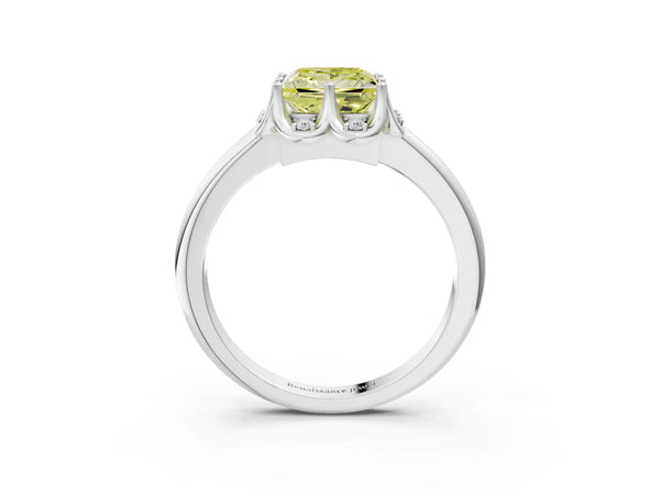 Platinum Fancy Yellow Princess  Halo Diamond Ring with Round Cluster Setting, Solitaire Band, and Four-Prong Setting