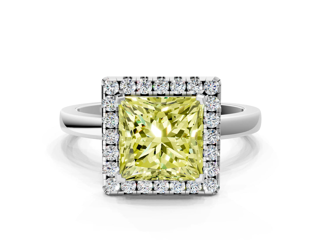 White gold Fancy Yellow Princess  Halo Diamond Solitaire with Pavé Band and Four-Prong Setting_29