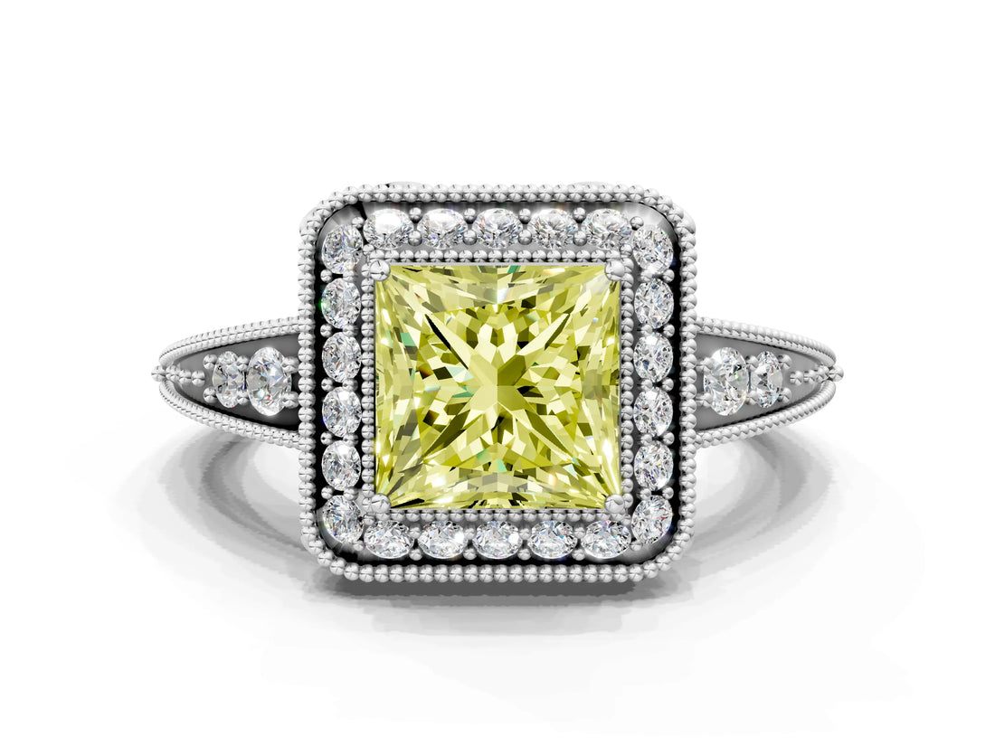 White gold Fancy Yellow Princess  Halo Diamond Split Shank Ring with Milgrain Detail_29