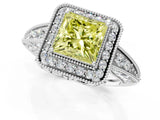 White gold Fancy Yellow Princess  Halo Diamond Split Shank Ring with Milgrain Detail_29