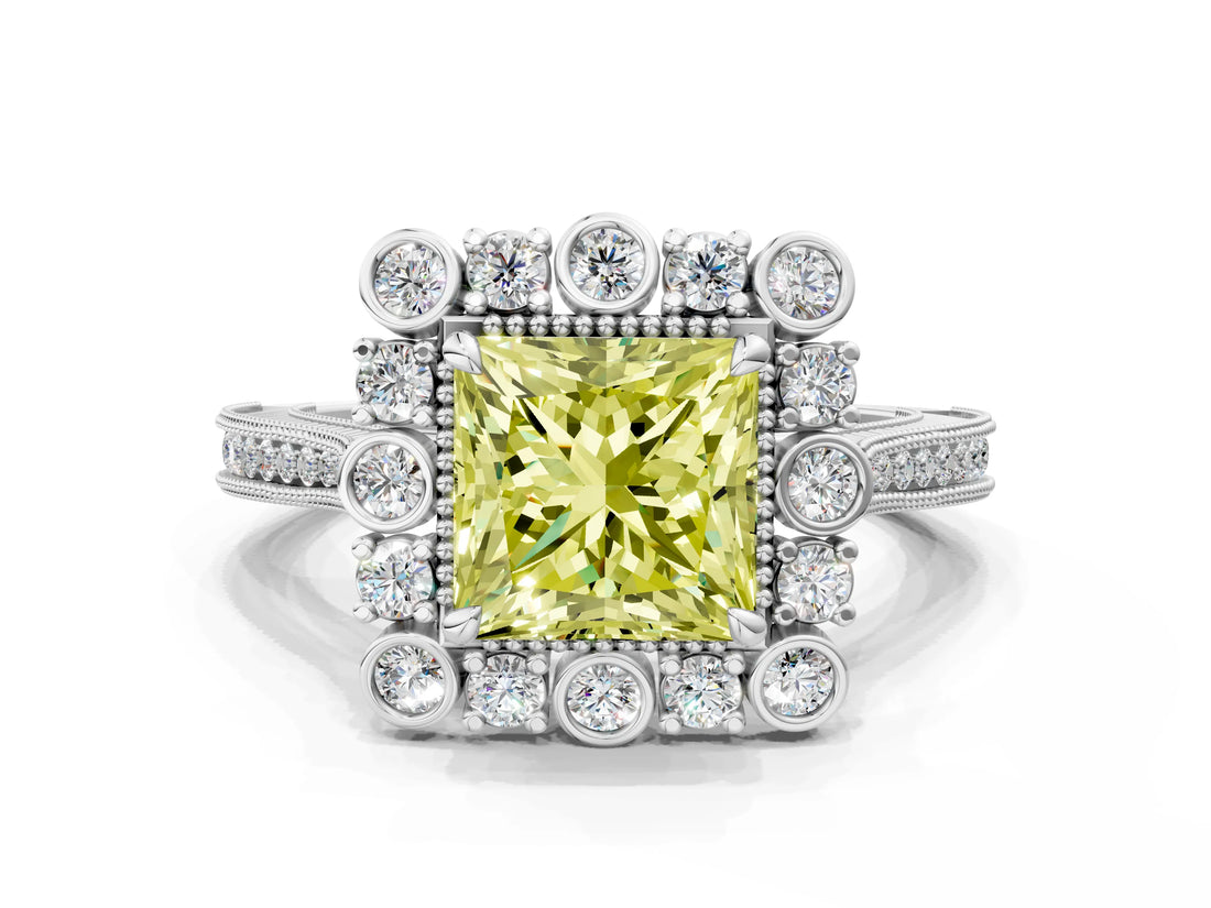 White gold Fancy Yellow Princess  Halo Milgrain Pave Diamond Ring with Four-Prong Setting