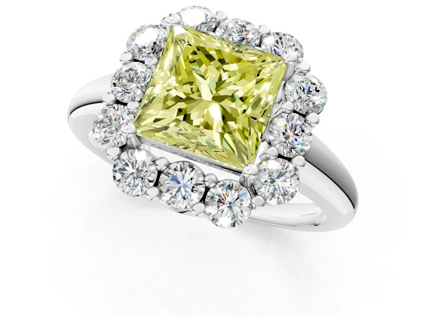 Platinum Princess Cut Graduated Milgrain Halo Engagement Ring Setting for Fancy Yellow Center