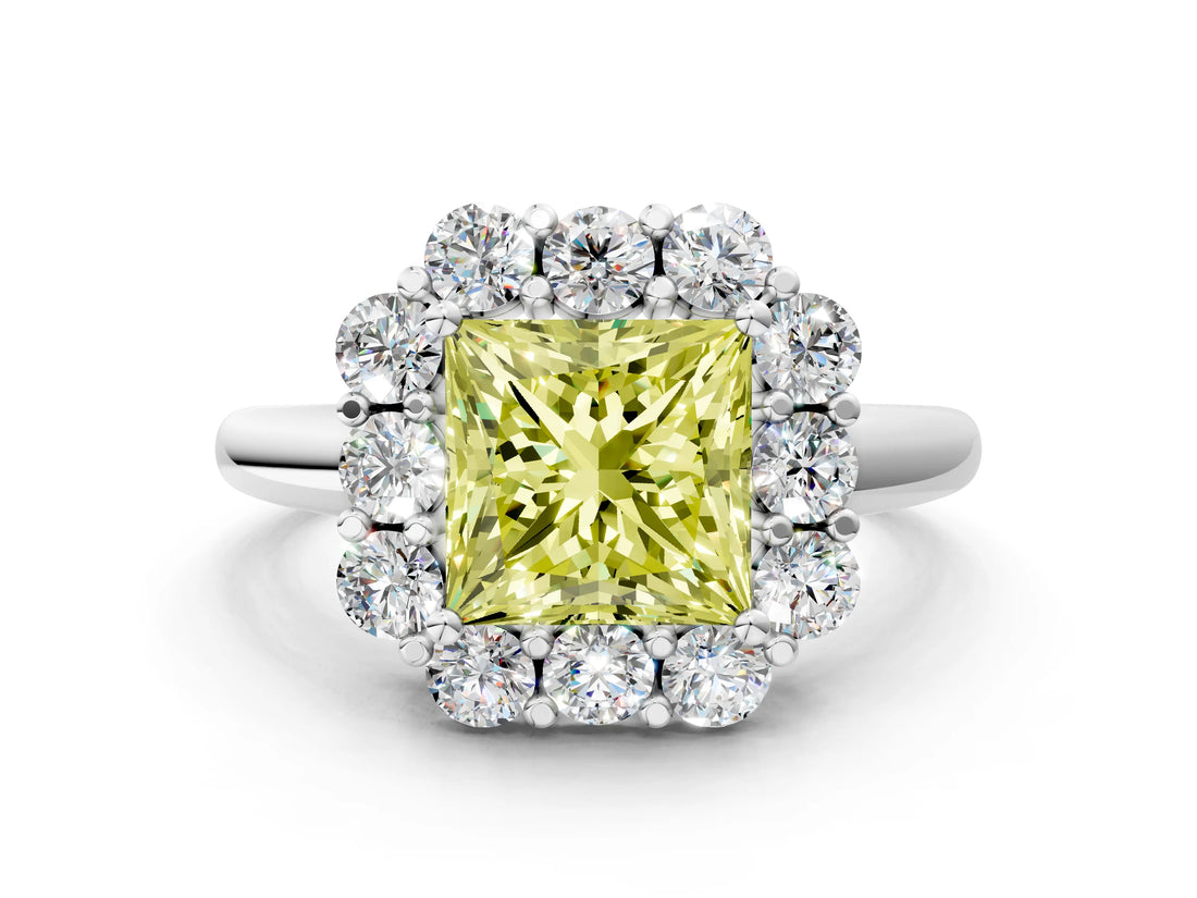 White gold Fancy Yellow Princess  Halo Milgrain Solitaire with Bezel Set Side Stones and Pave Band_33