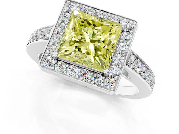 Platinum Fancy Yellow Princess  Halo Pavé Diamond Engagement Ring with Bezel Setting