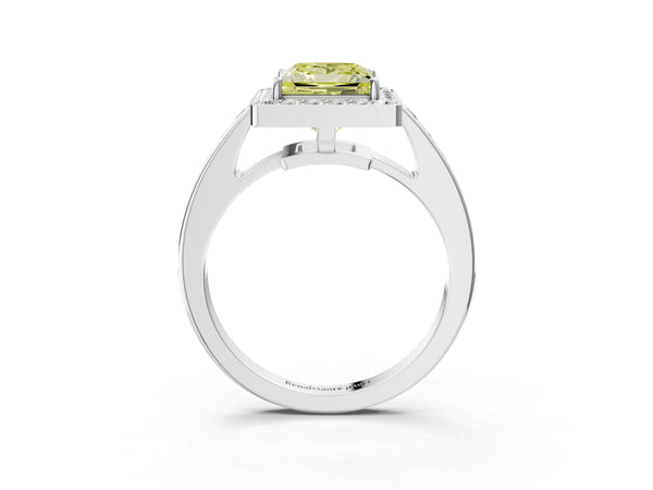 Platinum Fancy Yellow Princess  Halo Pavé Diamond Engagement Ring with Bezel Setting