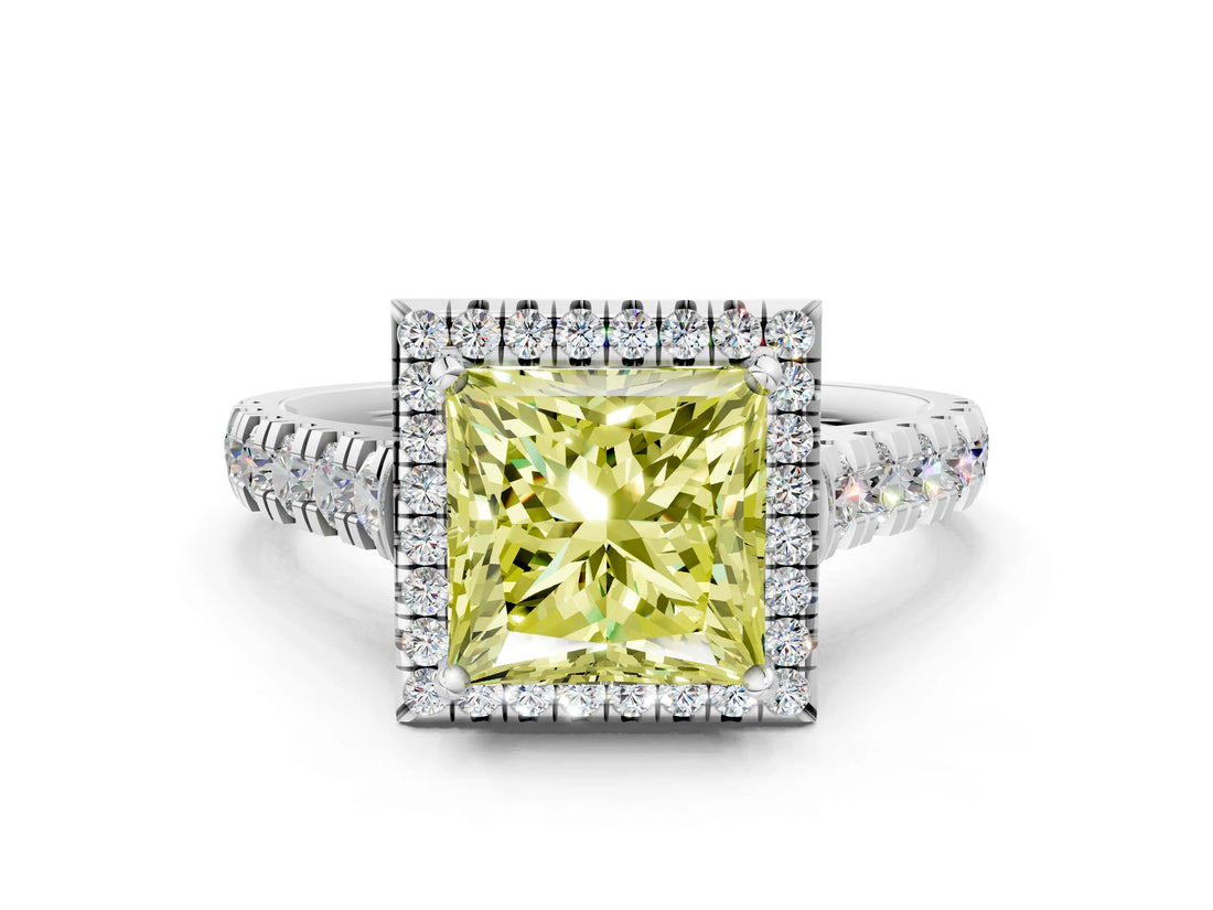 White gold Fancy Yellow Princess  Halo Pavé Diamond Engagement Ring with Four-Prong Setting_26