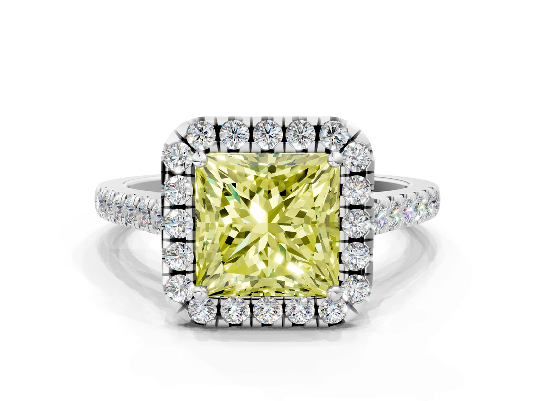 White gold Fancy Yellow Princess  Halo Pavé Diamond Engagement Ring with Four-Prong Setting_3