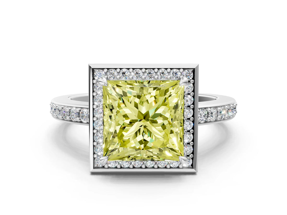 White gold Fancy Yellow Princess  Halo Pave Band Solitaire Ring with Prong Setting_29