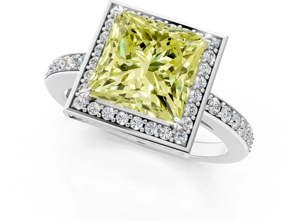 White gold Fancy Yellow Princess  Halo Pave Band Solitaire Ring with Prong Setting