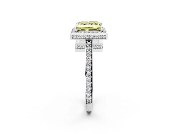 White gold Fancy Yellow Princess  Halo Pave Band Solitaire Ring with Prong Setting