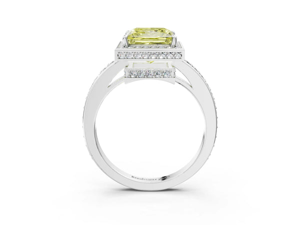 White gold Fancy Yellow Princess  Halo Pave Band Solitaire Ring with Prong Setting