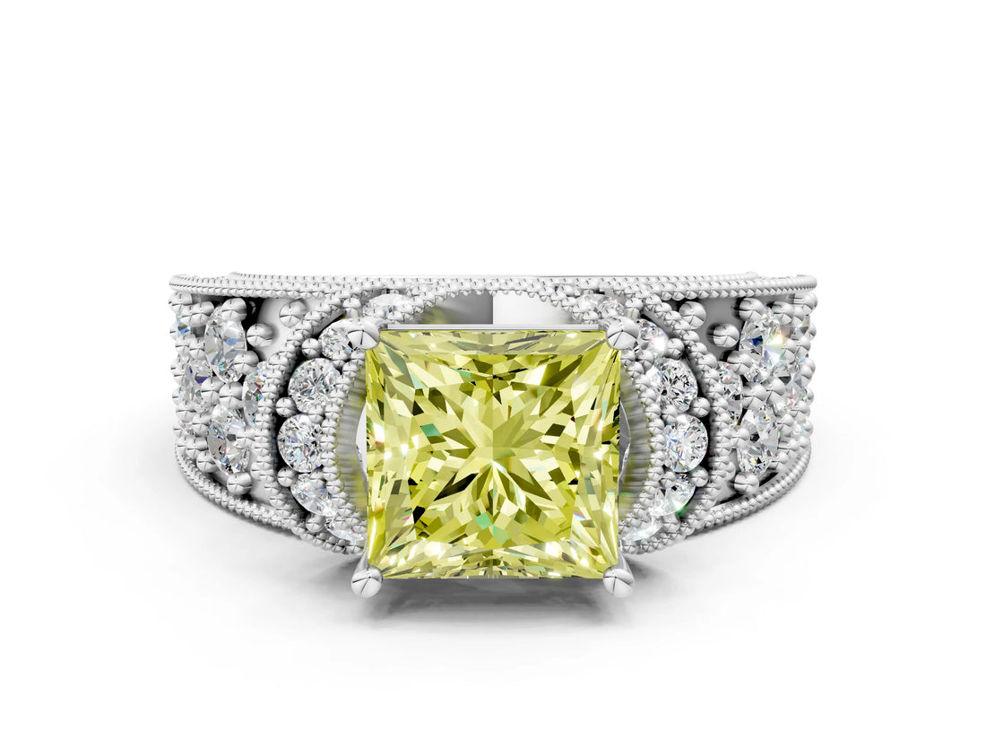 White gold Fancy Yellow Princess  Halo Pave Diamond Engagement Ring with Milgrain Detailing_29