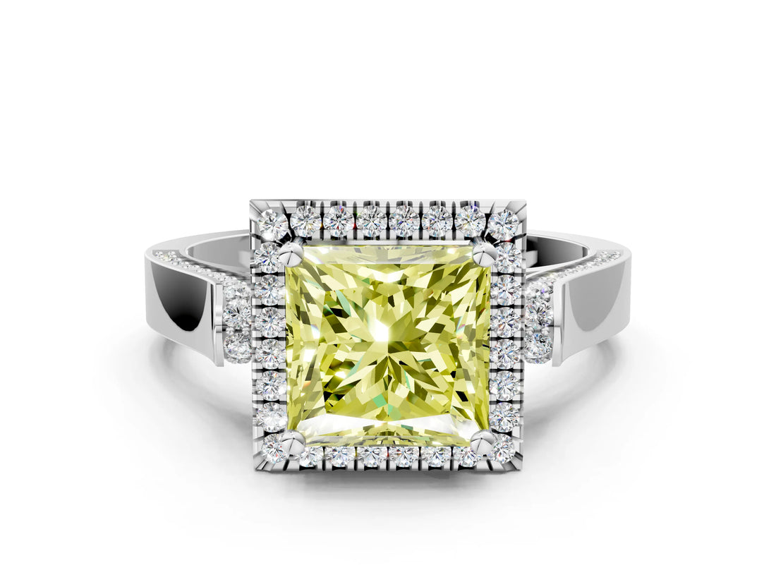 White gold Fancy Yellow Princess  Halo Pave Split Shank Prong Setting Ring_57