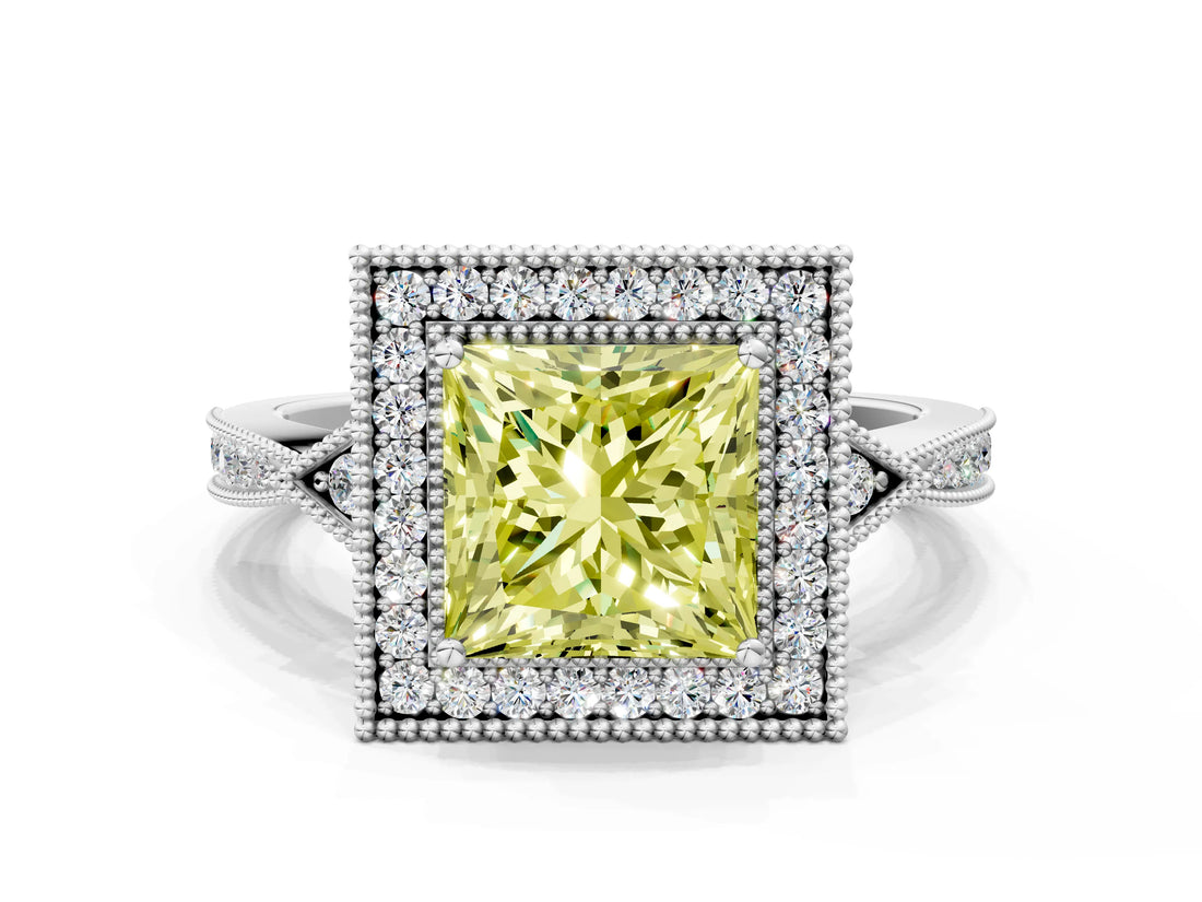 White gold Fancy Yellow Princess  Halo Round Diamond Milgrain Pave Engagement Ring_3