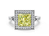 White gold Fancy Yellow Princess  Halo Round Diamond Milgrain Pave Engagement Ring_3