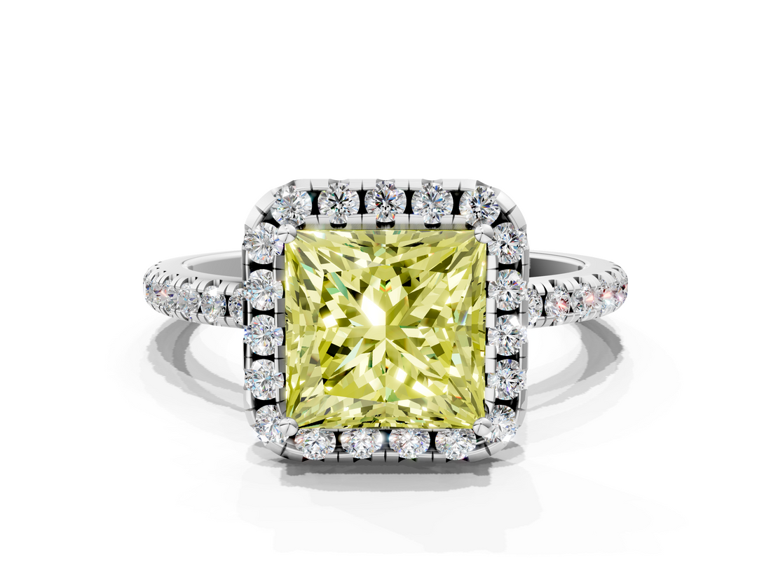 White gold Fancy Yellow Princess  Halo Round Diamond Pavé Band Four-Prong Ring_3