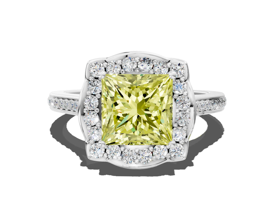 White gold Fancy Yellow Princess  Halo Round Diamond Pave Band with Four-Prong Setting_50