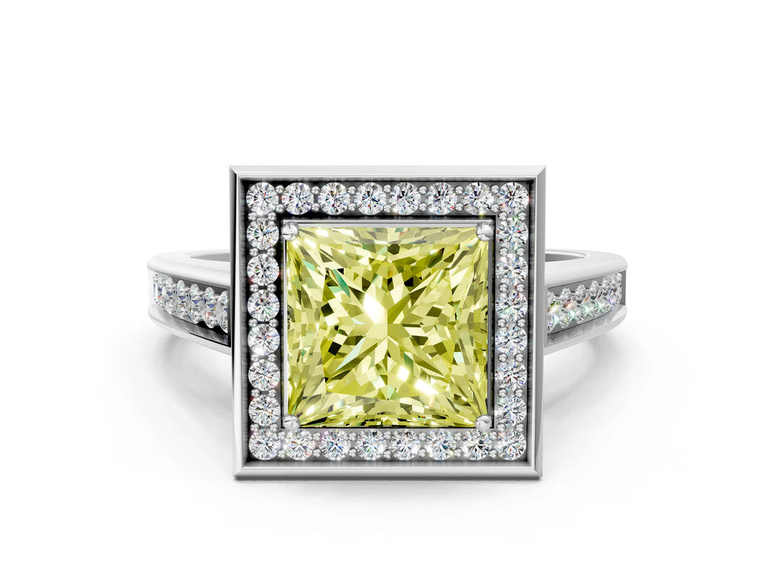 White gold Fancy Yellow Princess  Halo Solitaire Diamond Ring with Pave Band and Bezel Setting_29