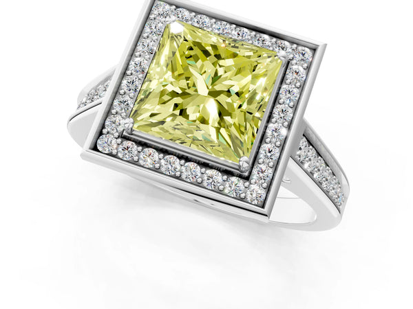 White gold Fancy Yellow Princess  Halo Solitaire Diamond Ring with Pave Band and Bezel Setting