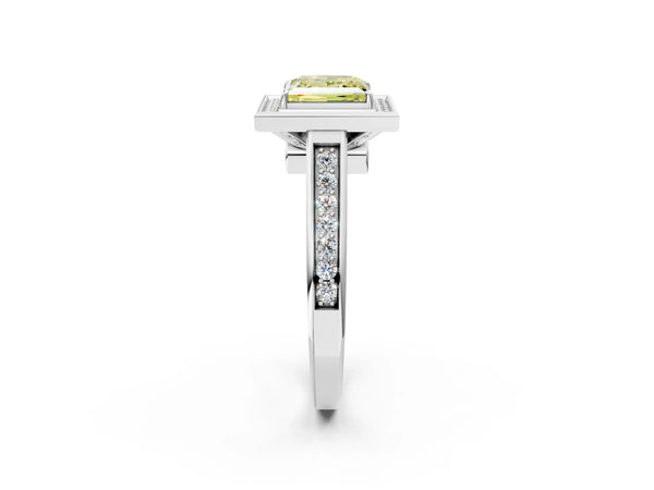 White gold Fancy Yellow Princess  Halo Solitaire Diamond Ring with Pave Band and Bezel Setting