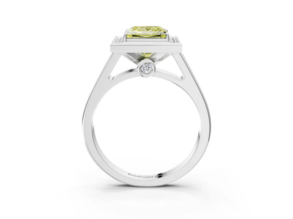 White gold Fancy Yellow Princess  Halo Solitaire Diamond Ring with Pave Band and Bezel Setting