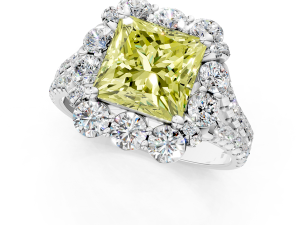 White gold Fancy Yellow Princess  Halo Split Shank Diamond Engagement Ring with Pave Band and Four-Prong Setting