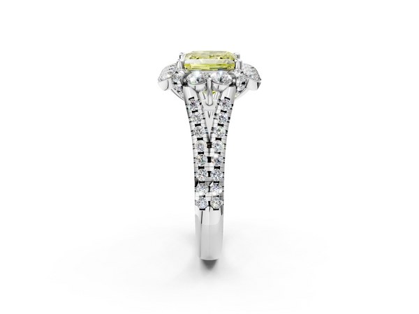 White gold Fancy Yellow Princess  Halo Split Shank Diamond Engagement Ring with Pave Band and Four-Prong Setting
