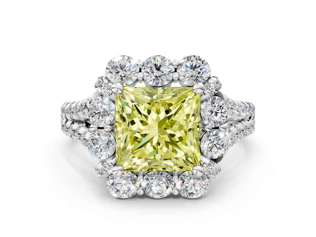 White gold Fancy Yellow Princess  Halo Split Shank Diamond Engagement Ring with Pave Band and Four-Prong Setting