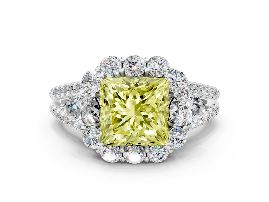 White gold Fancy Yellow Princess  Halo Split Shank Diamond Engagement Ring with Prong Setting