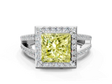 White gold Fancy Yellow Princess  Halo Split Shank Diamond Ring with Four-Prong Setting