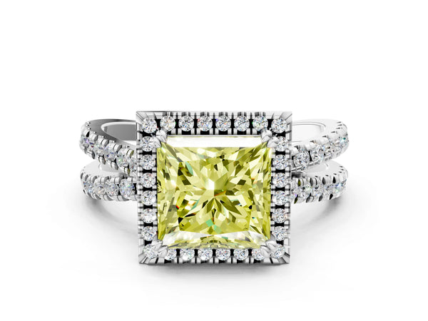 Platinum Fancy Yellow Princess  Halo Split Shank Diamond Ring with Pavé Setting
