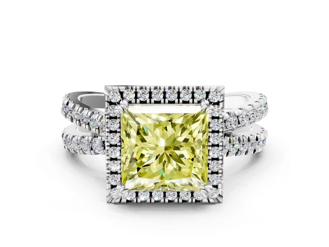 White gold Fancy Yellow Princess  Halo Split Shank Diamond Ring with Pavé Setting_38